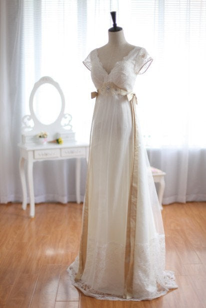 A-Line Short Sleeve Empire Bridal Dress Open Back Lace Floor Length Wedding Dresses
