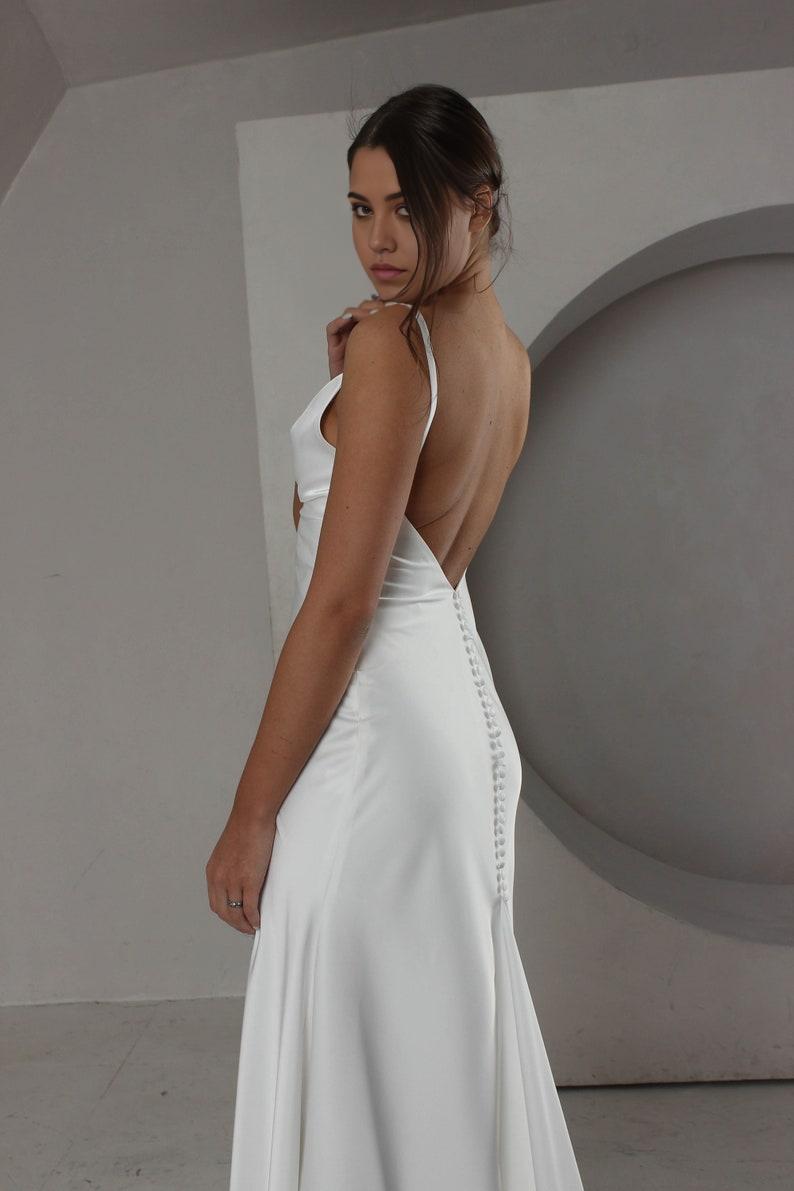 French Crep Wedding Dress With Cowl Neck For Special Occasion Elopement Dress With Low Cowl Back Rehearsal Dinner Backless Simple Crep Dress