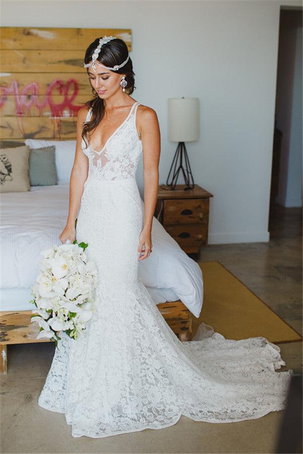V-neck Mermaid Lace Summer Wedding Dress Bohemian Sleeveless Open Back Boho Bridal Dresses