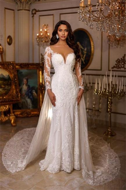 Long A-line V-neck Lace Appliques Wedding Dresses With Long Sleeves
