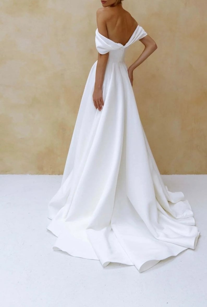 Dropped Sleeves Satin Wedding Dress Corset And Puffy Skirt With A Train Simple Satin Wedding Dress Simple Satin Dress Dress With Train