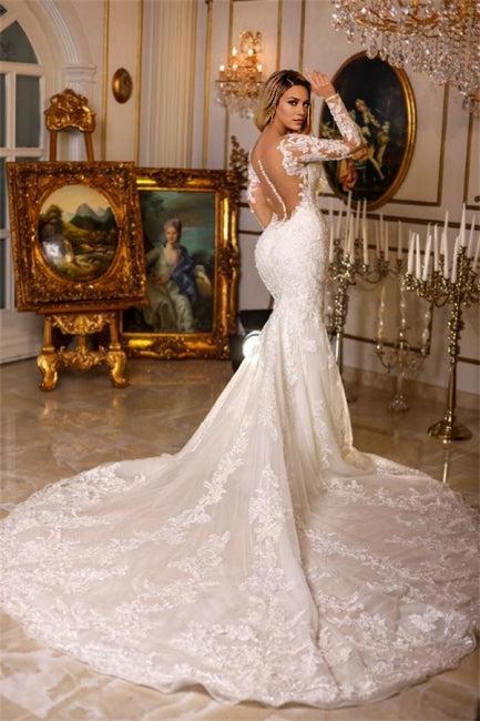 Long Mermaid V-neck Lace Wedding Dresses With Long Sleeves