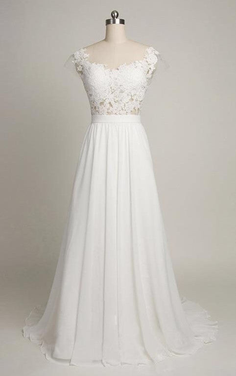 White Wedding Dress Lace Chiffon Open Back Bridal Shower Dress