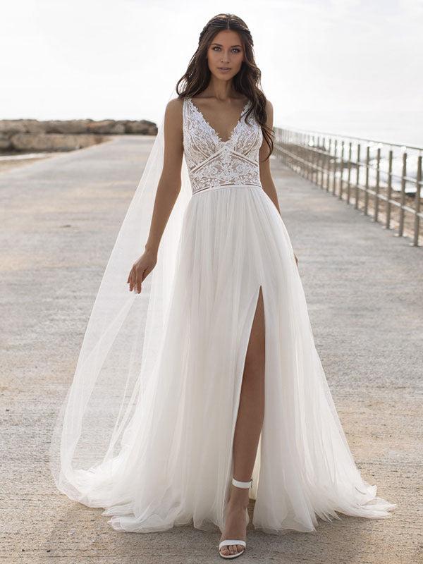 V Neck A-Line Chiffon Tulle Lace Split Wedding Dresses