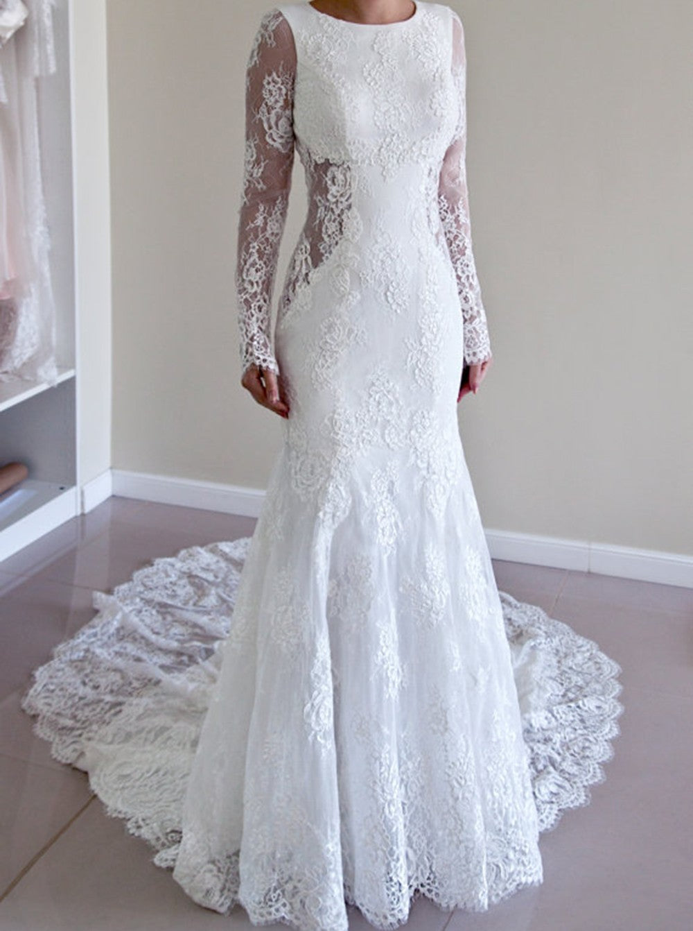 Lace Mermaid Backless Sweep Train Long Sleeve Wedding Dresses