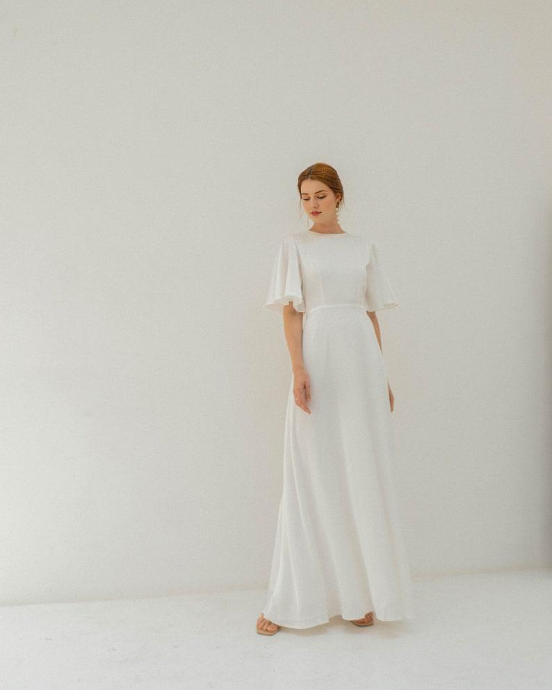 Floor Length Dress Satin Wedding Dress Flutter Sleeves Dress