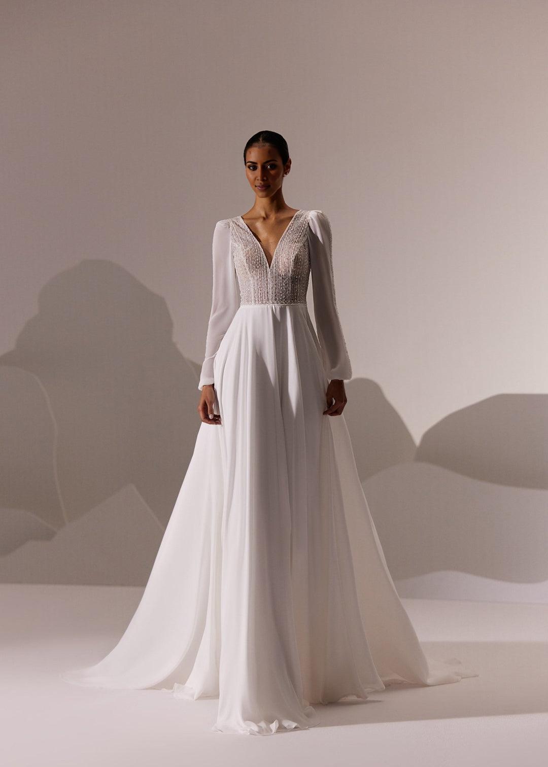 White Floral Embellished Strapless Wedding Gown with 3D Flower Appliqués and Train