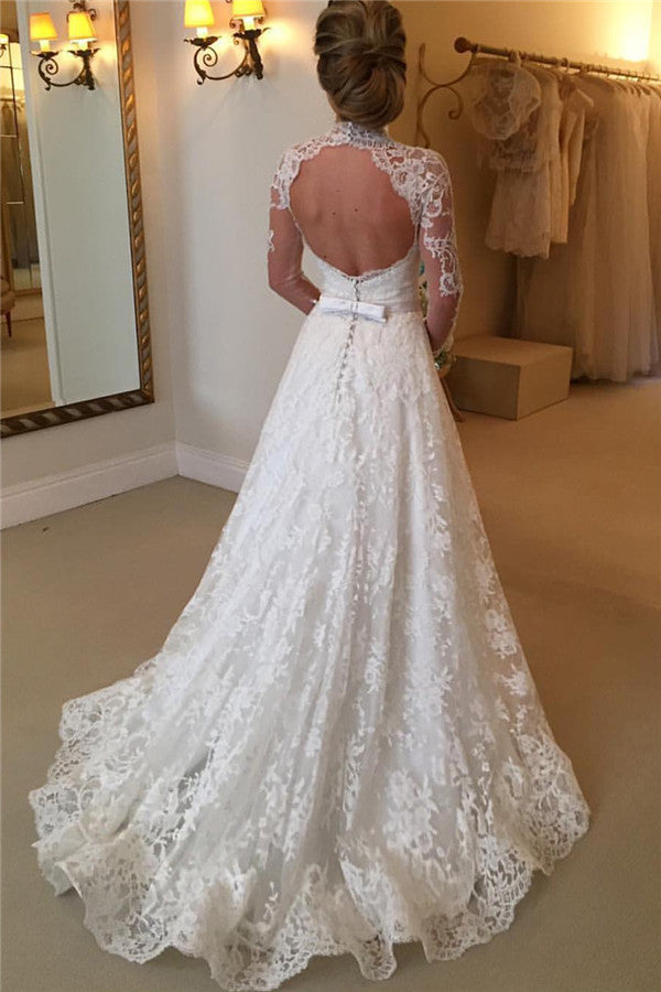 Lace Open Back Wedding Dress Vintage Long Sleeves Bridal Gown with Bow