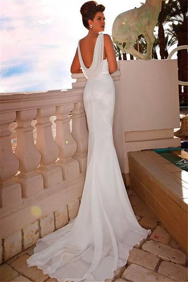 V-Neck Bridal Dresses Mermaid Lace Sweep Train Backless Wedding Dresses