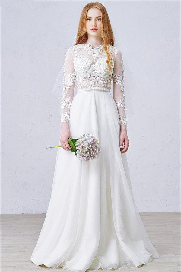 A-Line Long Sleeve Bridal Gown New Arrival Tulle Lace Floor Length Wedding Dress