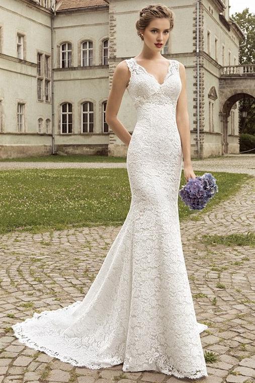Lace Sheath Appliques Bridal Dress Court Train V Neck Wedding Dress