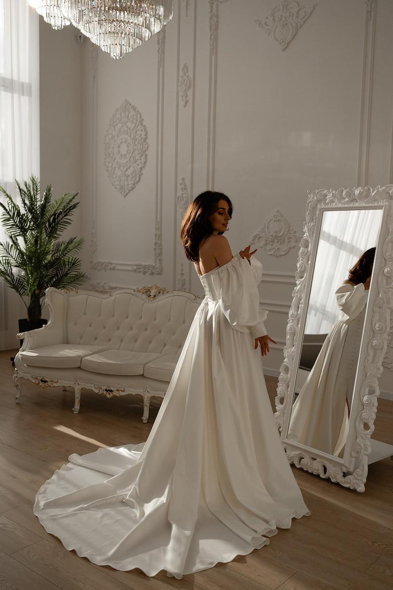 Off White Wedding Dress Simple Elopement Dress Corset Dress With Sleeves Satin Wedding Gown
