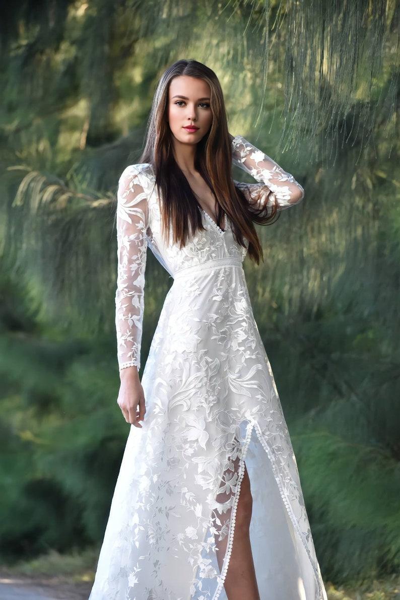 Long Sleeve Bohemian Wedding Dress with V Neckline A Line Wedding Dress Boho Wedding Gown with Embroidered Lace Lace Boho Dress