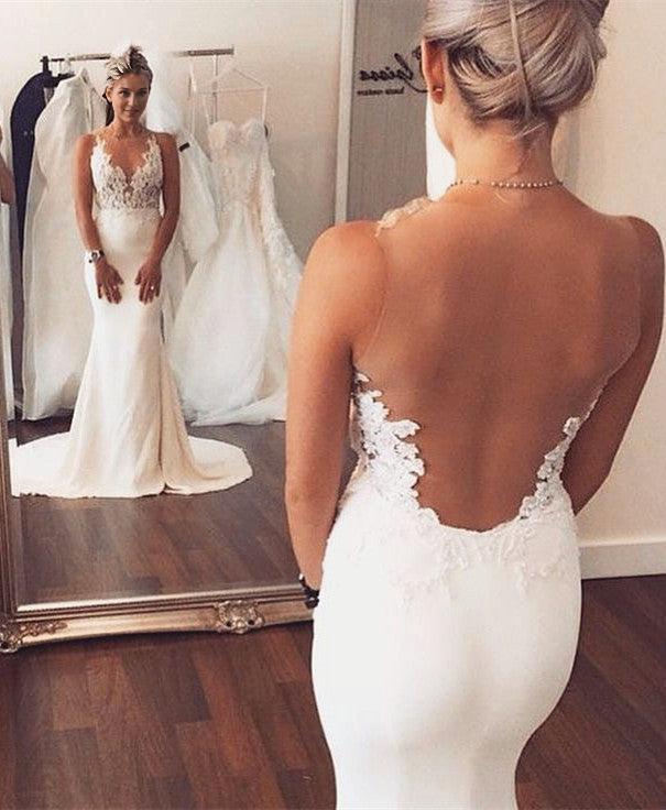 Sheer back Mermaid Wedding Dress Sleeveless Lace summer Beach Wedding Gowns