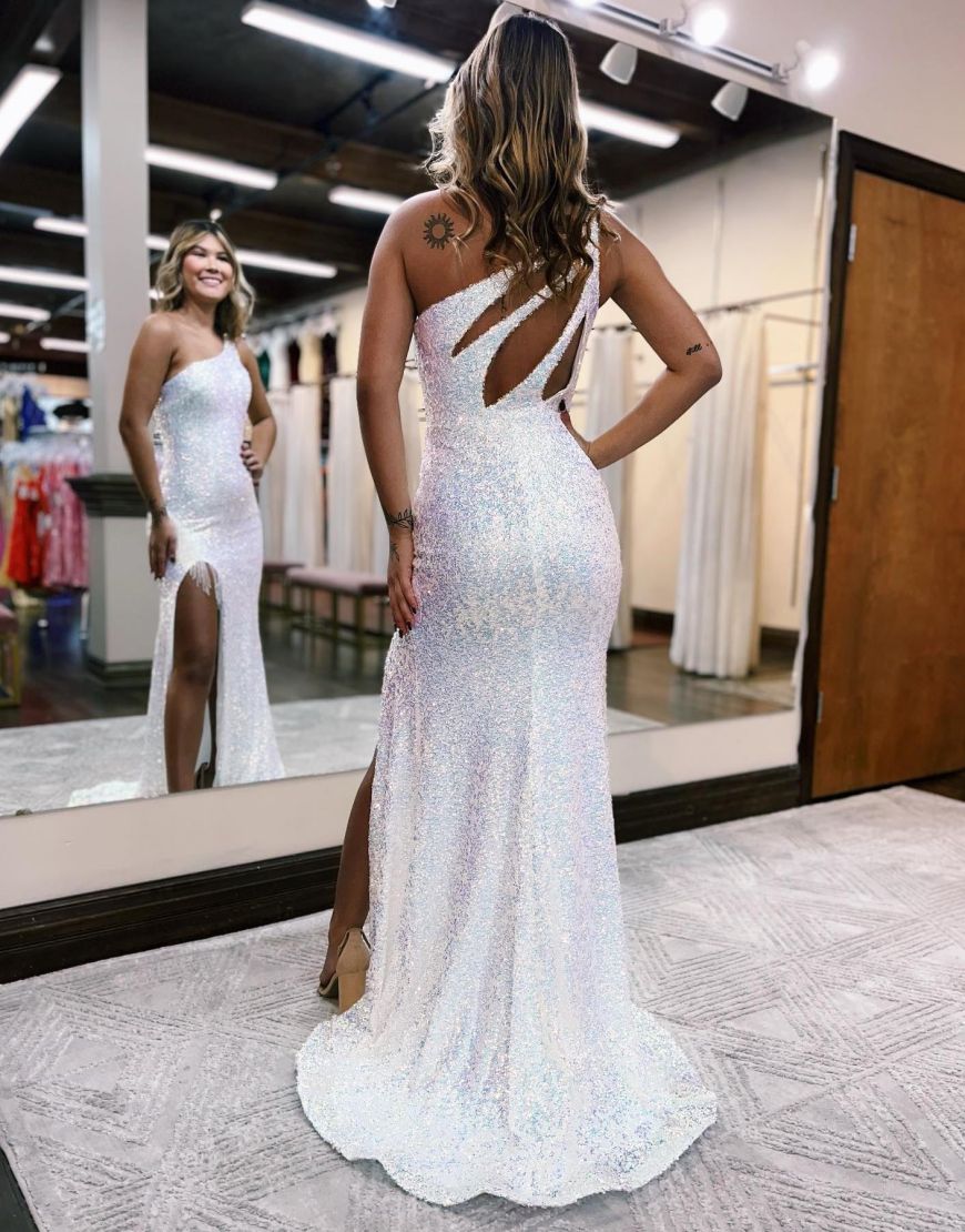 One Shoulder Long Glitter Sequin Prom Dress With Split