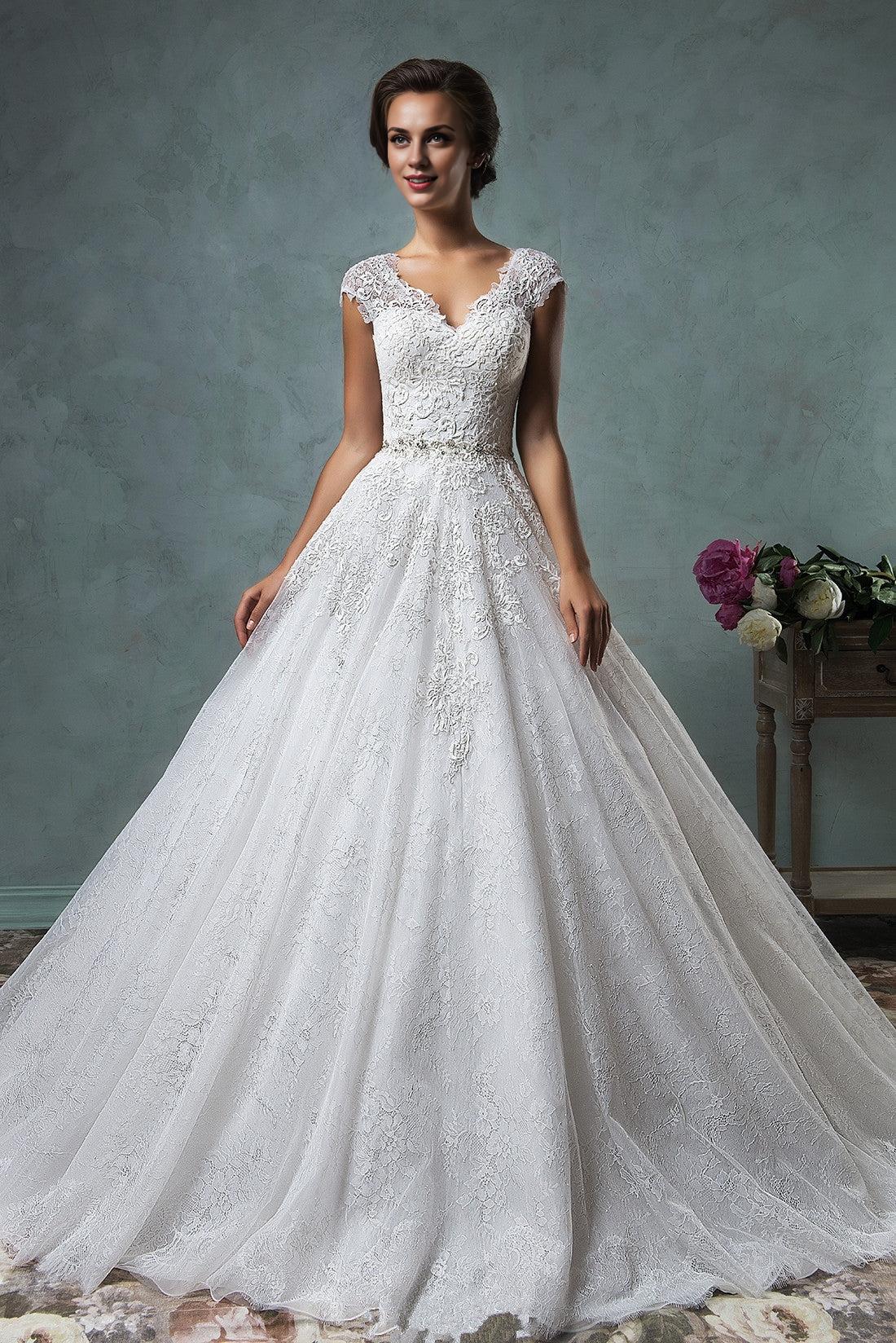 A-Line Applique Wedding Dress Cap Sleeve Court Train Princess Dress