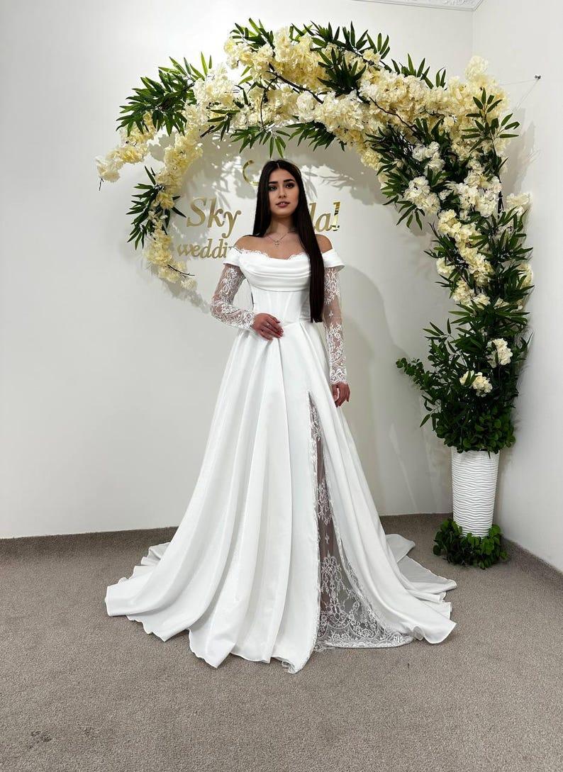 Lace Up Off Shoulder Wedding Gown Corset Wedding Dress Off White Satin Maxi Bridal Gown Long Sleeve Slit Bridal Dress
