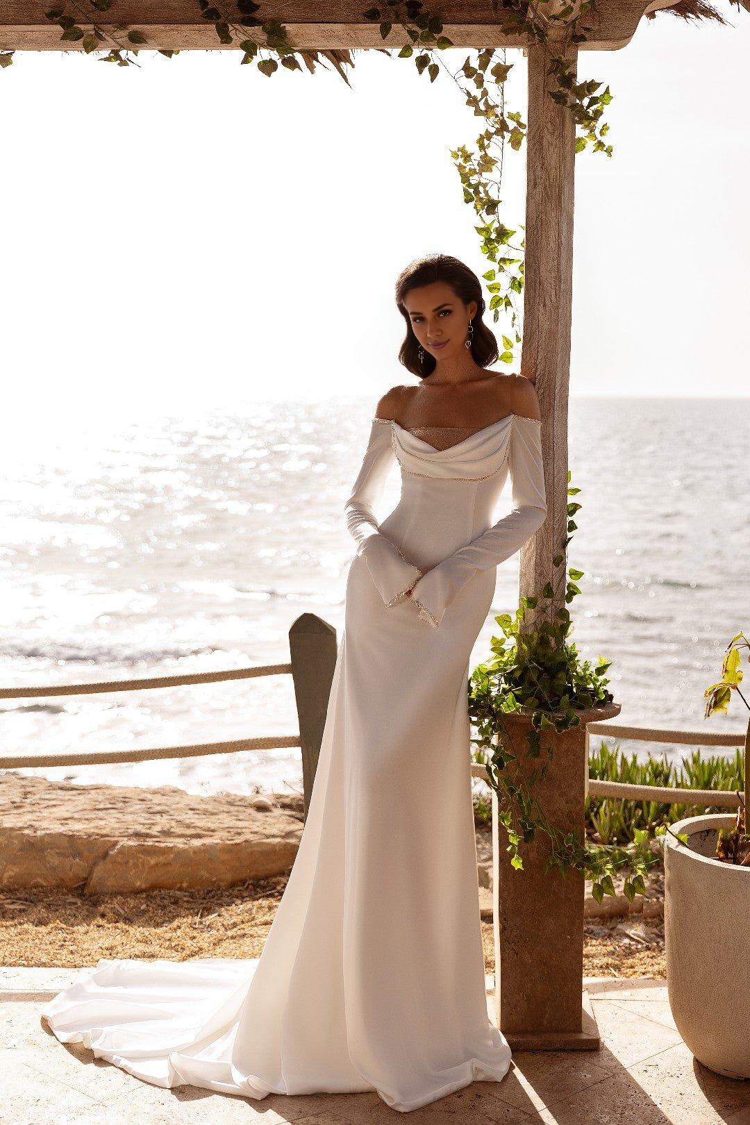 White Silk Satin Off-Shoulder Wedding Gown with Cowl Neck and Jewel Accents