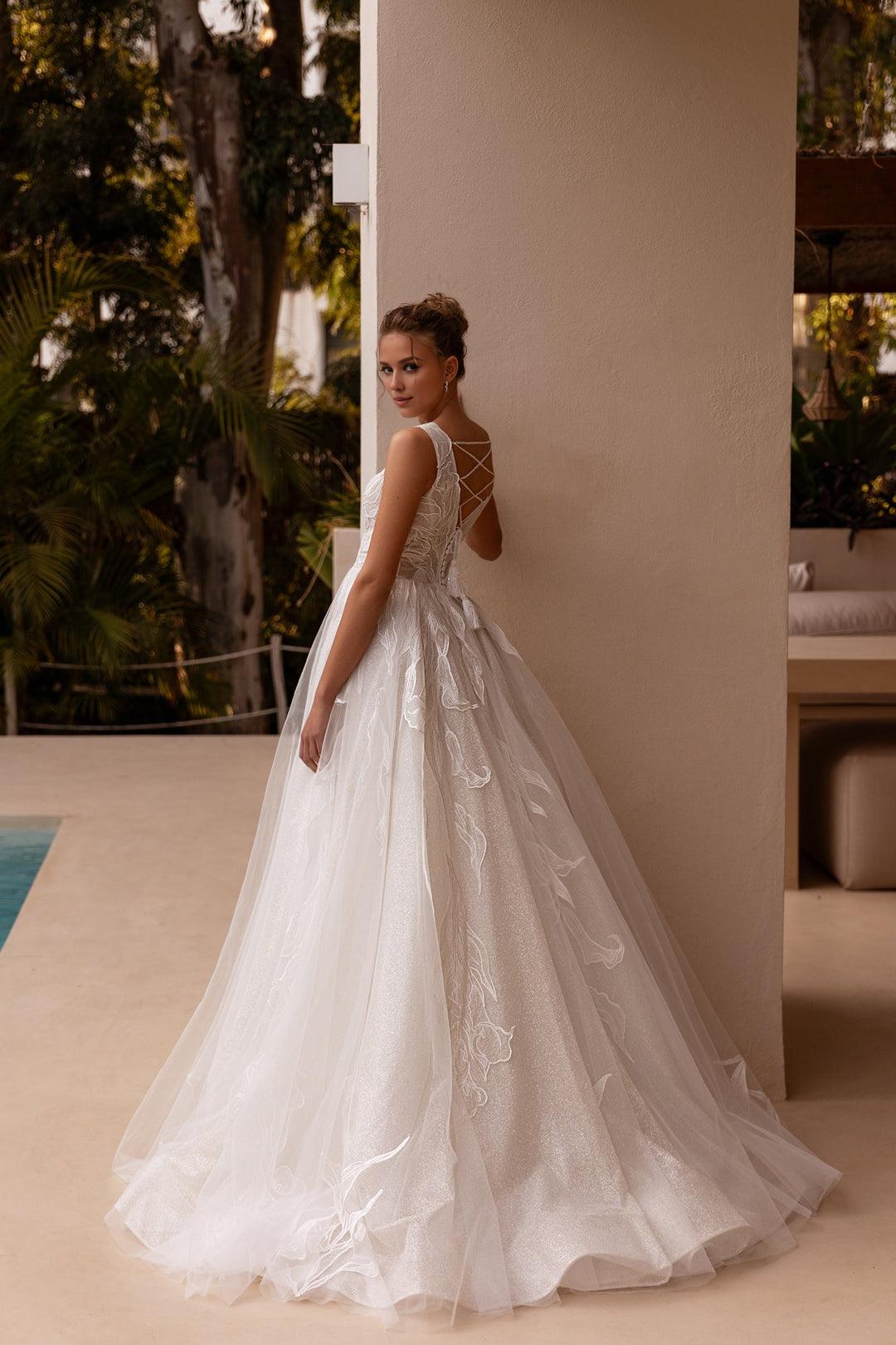 White V-Neck Lace Wedding Dress with Flowing Tulle Train