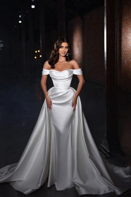 Off-the-shoulder Satin A-line Sleeveless Wedding Dresses With