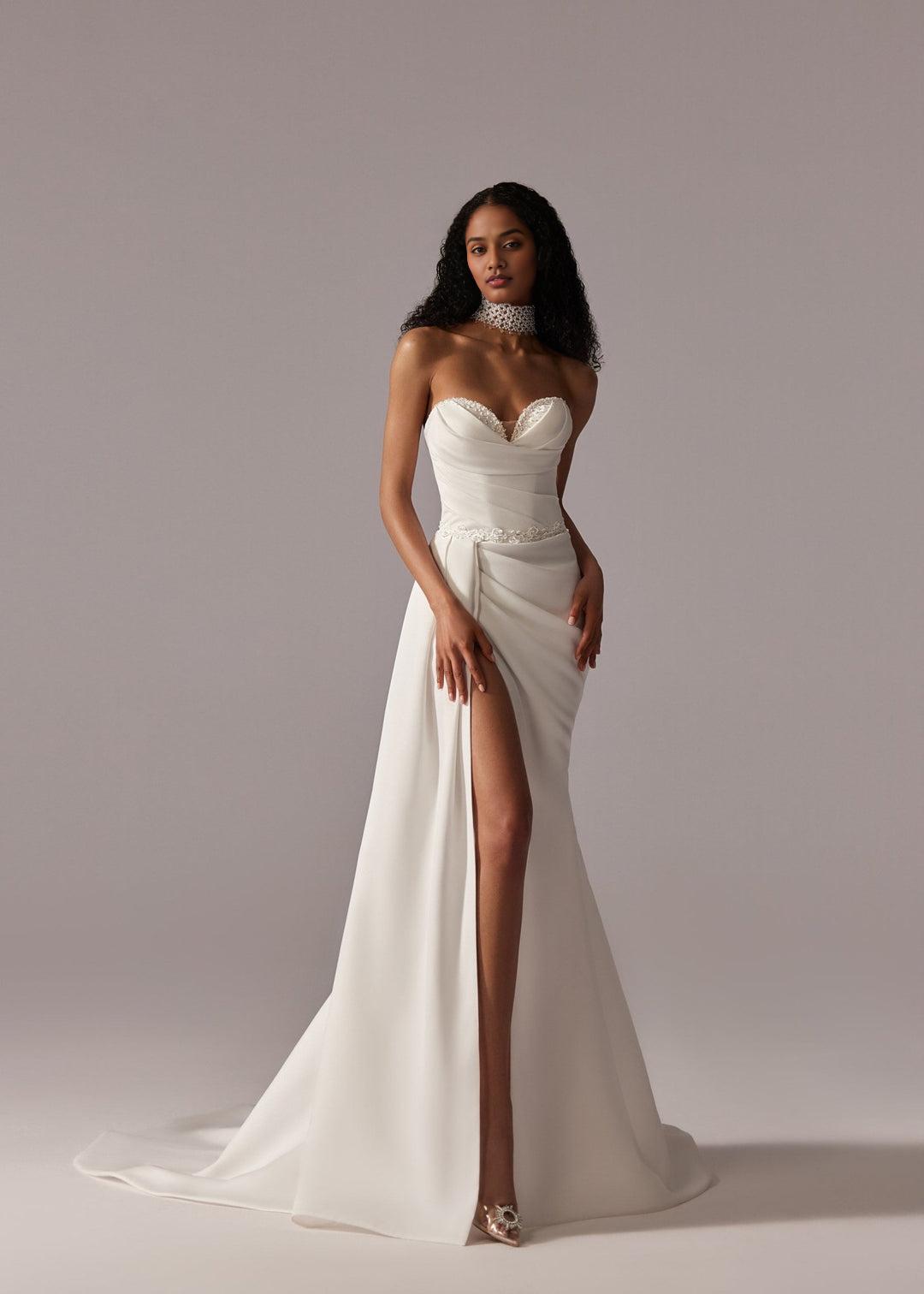 White Strapless Sweetheart Wedding Gown with High Slit and Floor Length Train