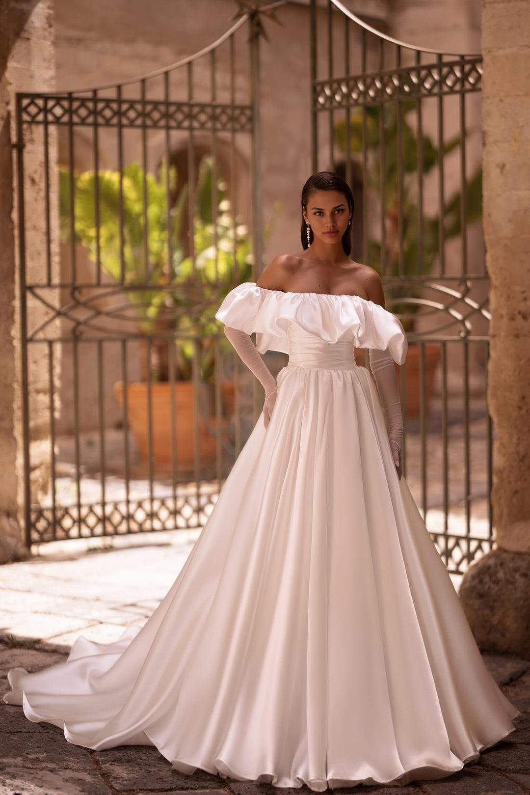 Off-Shoulder Satin Wedding Gown with Corset and Train White Bridal Dress