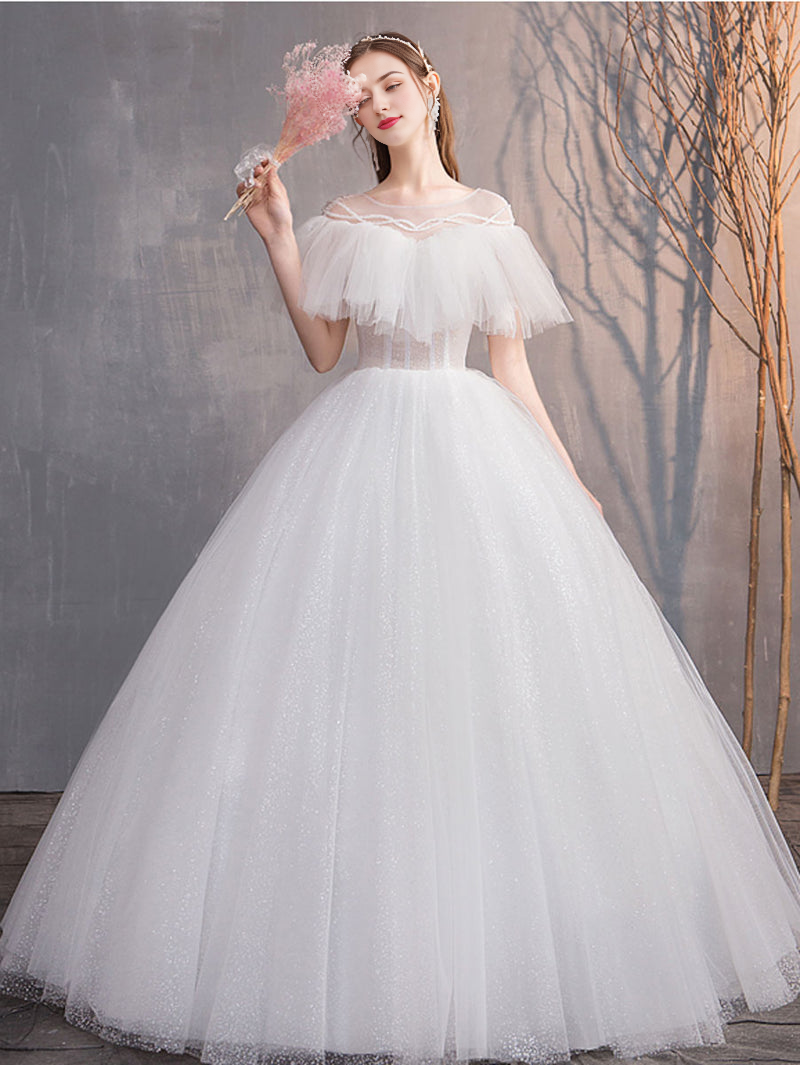 Round Neck Tulle Long Wedding Dress White Tulle Long Bridal Dress
