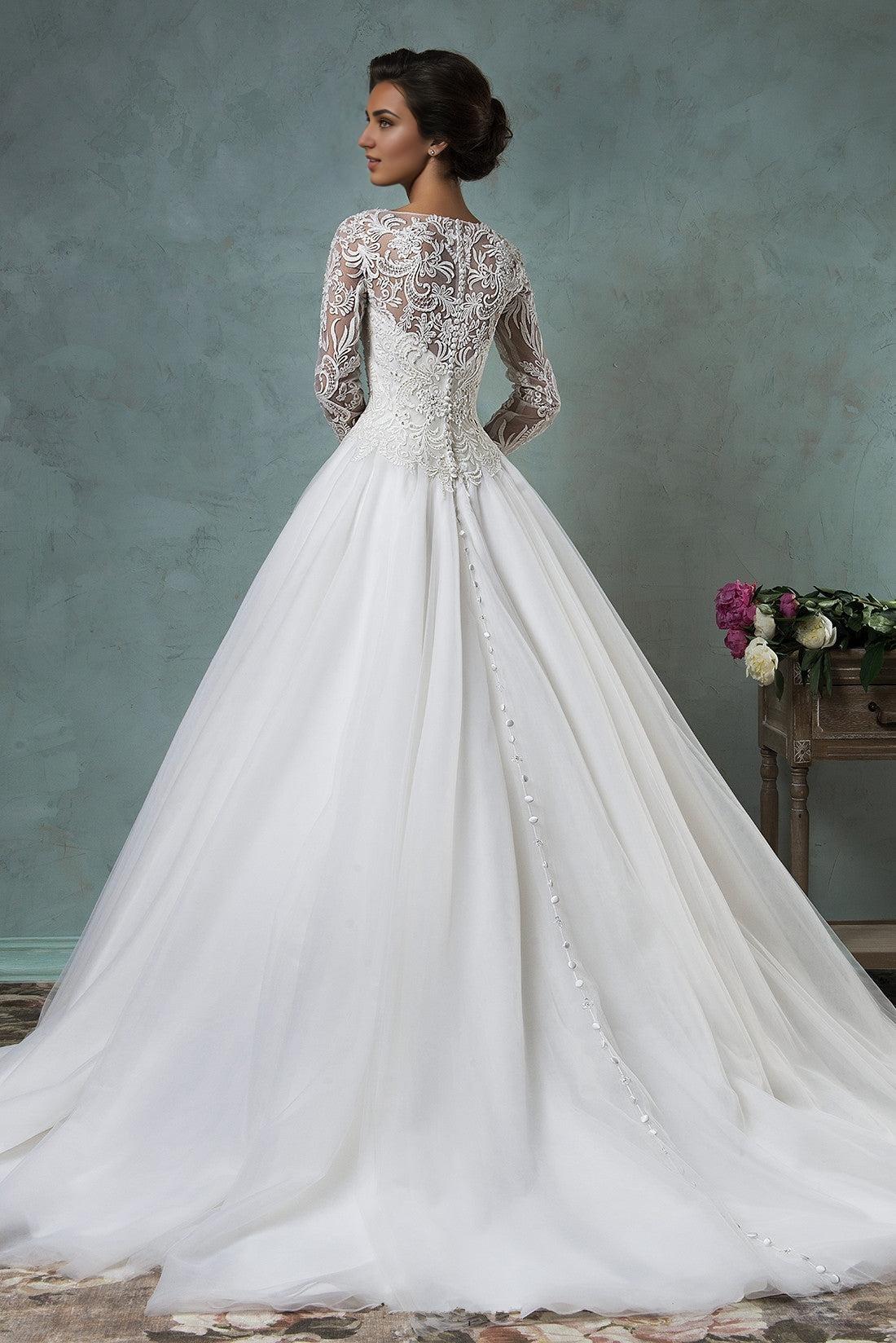 Long Sleeve Tulle Wedding Dress A-Line Sweep Train Bridal Gown