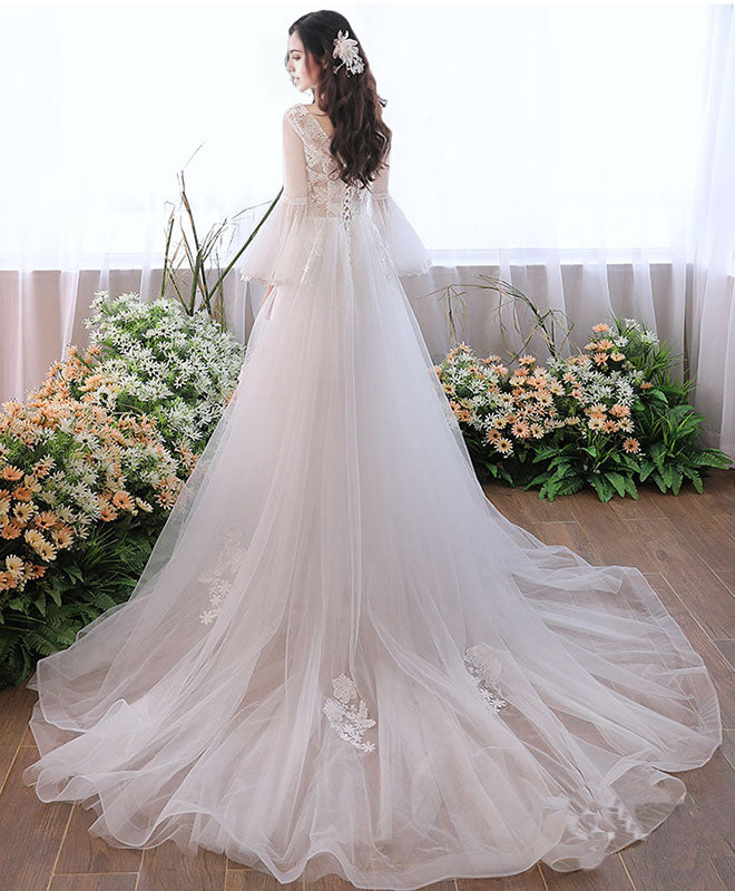 V Neck Tulle Lace Long Prom Dress White Evening Dress