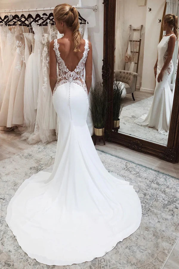 White Long Mermaid Boho Wedding Dress with Appliqued