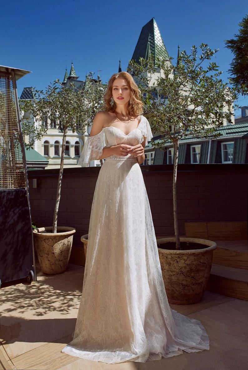 Lace wedding dress short sleeve bridal gown rustic or bohemian wedding A-line delicate dress