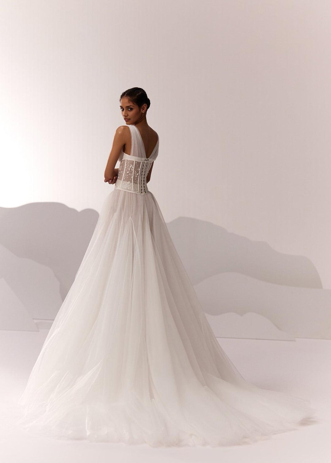 White Corset Bodice Tulle Wedding Dress with Plunging Neckline and Long Train