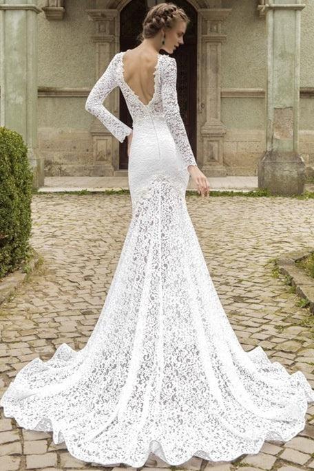 Sleeves Lace Mermaid Bridal Gowns Deep V Back Waved Court Train Wedding Dress