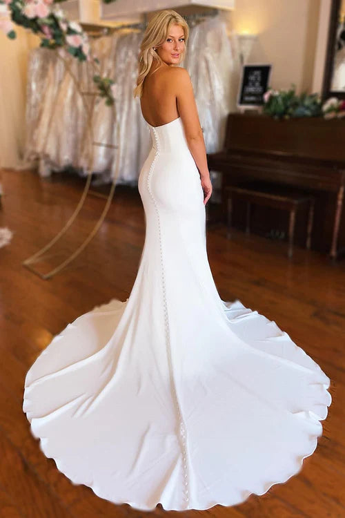 Simple White Boho Mermaid Satin Long Sleeveless Wedding Dress