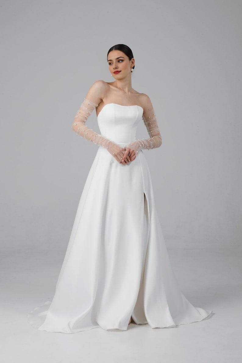 A Line Wedding Dress With Detachable Tulle Sleeves Minimalist Modern Wedding Dress