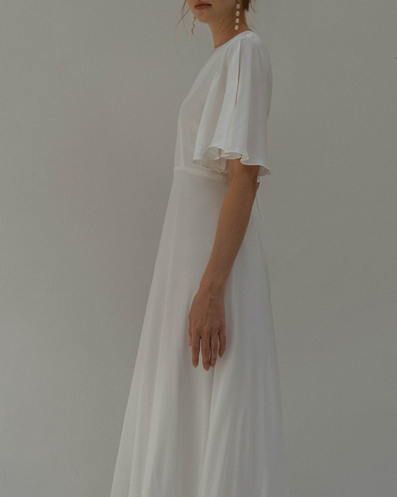 Floor Length Dress Satin Wedding Dress Flutter Sleeves Dress