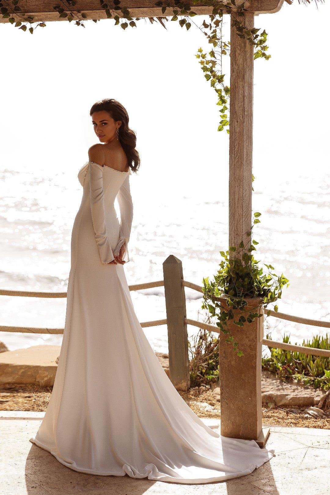 White Silk Satin Off-Shoulder Wedding Gown with Cowl Neck and Jewel Accents