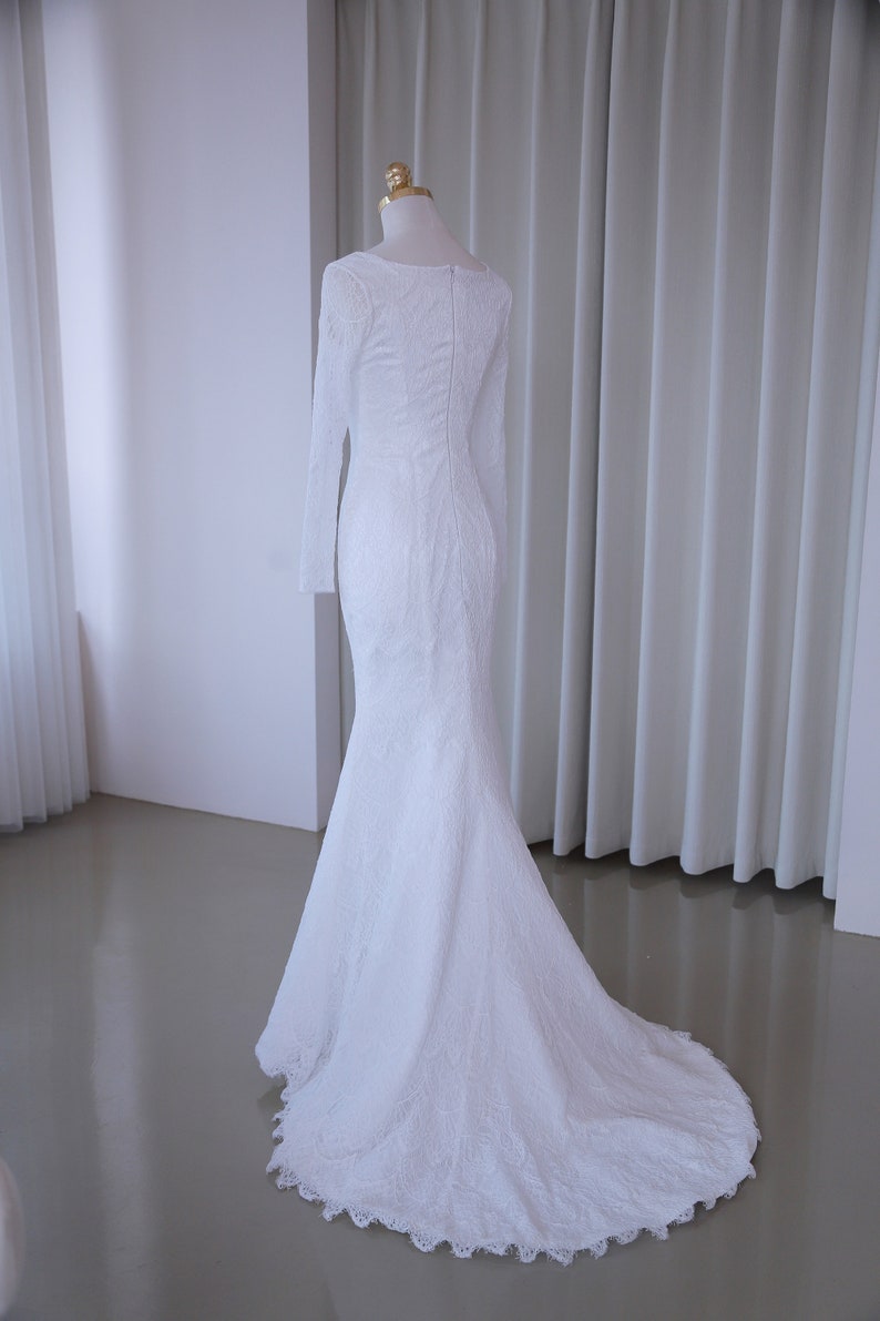 Square neck lace wedding dress with long sleeves fit mermaid bridal dress with small train wedding gown lace bridal dress beach wedding