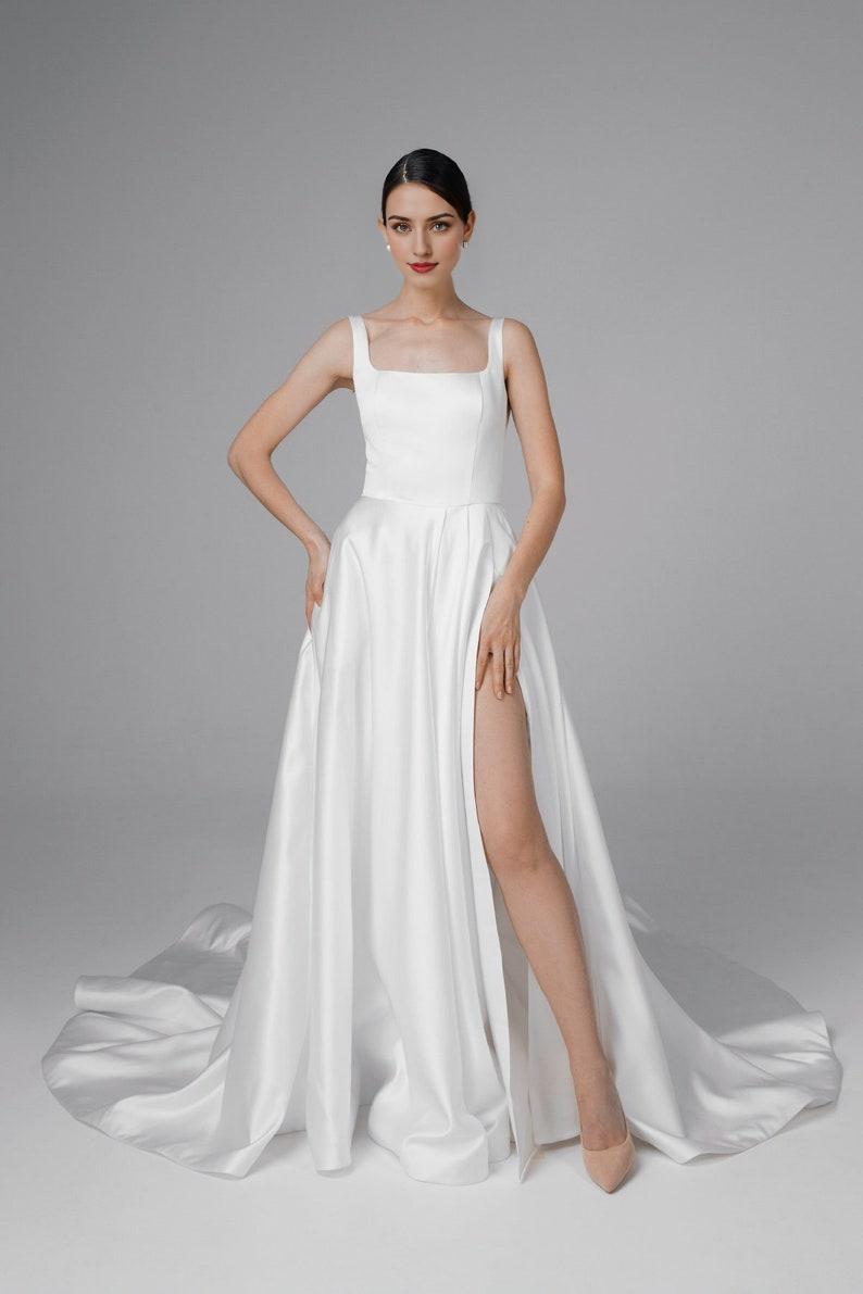 Satin low back wedding dress A-line wedding dress square neck wedding dress Satin wedding dress with pockets