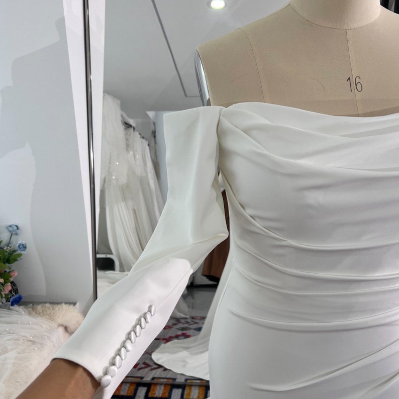 Pleated stretch crepe gown with White Wedding Dress Juliette sleeves