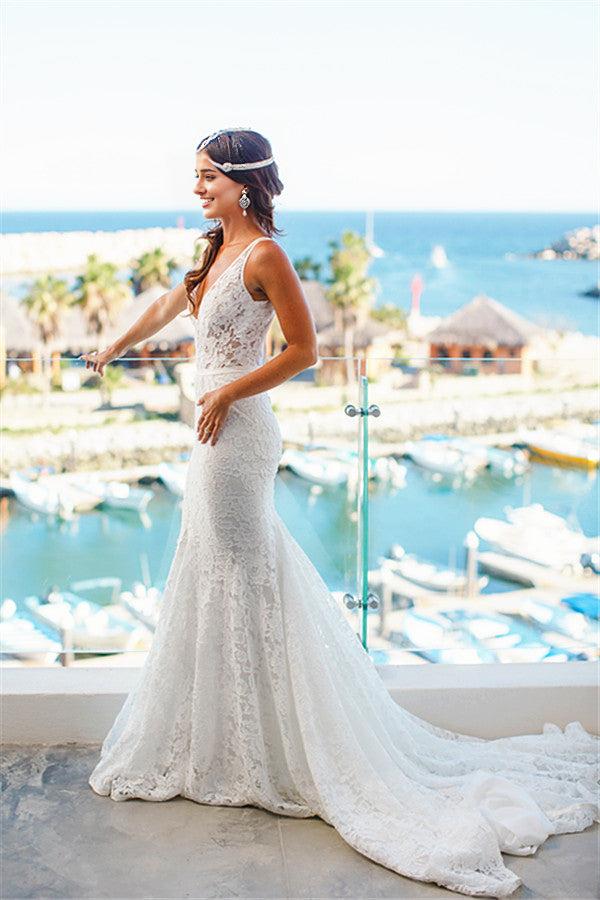 V-neck Mermaid Lace Summer Wedding Dress Bohemian Sleeveless Open Back Boho Bridal Dresses