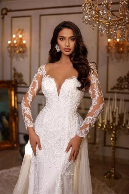 Long A-line V-neck Lace Appliques Wedding Dresses With Long Sleeves