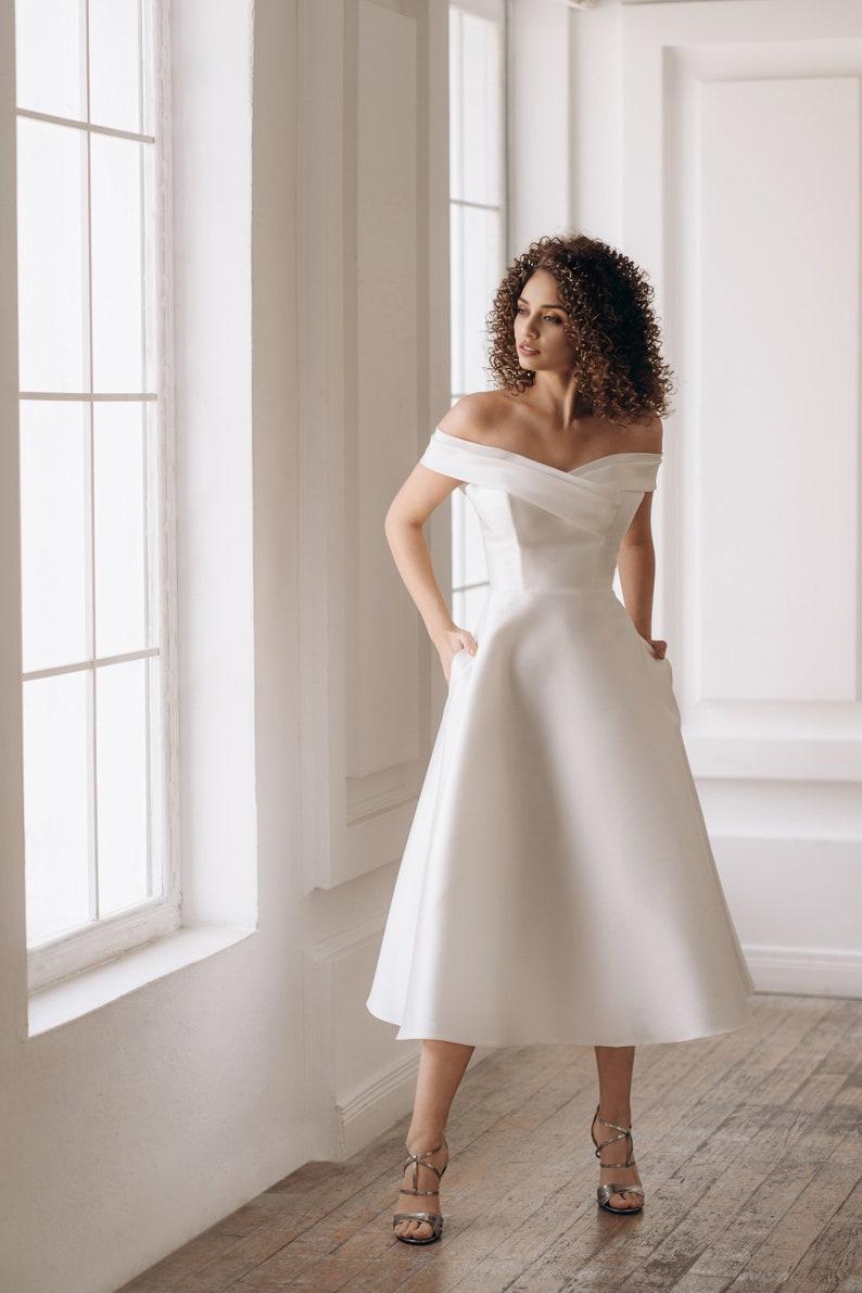 Wedding Dress Minimalist Satin Bridal Gown Tea Length Cocktail Or Prom Dress
