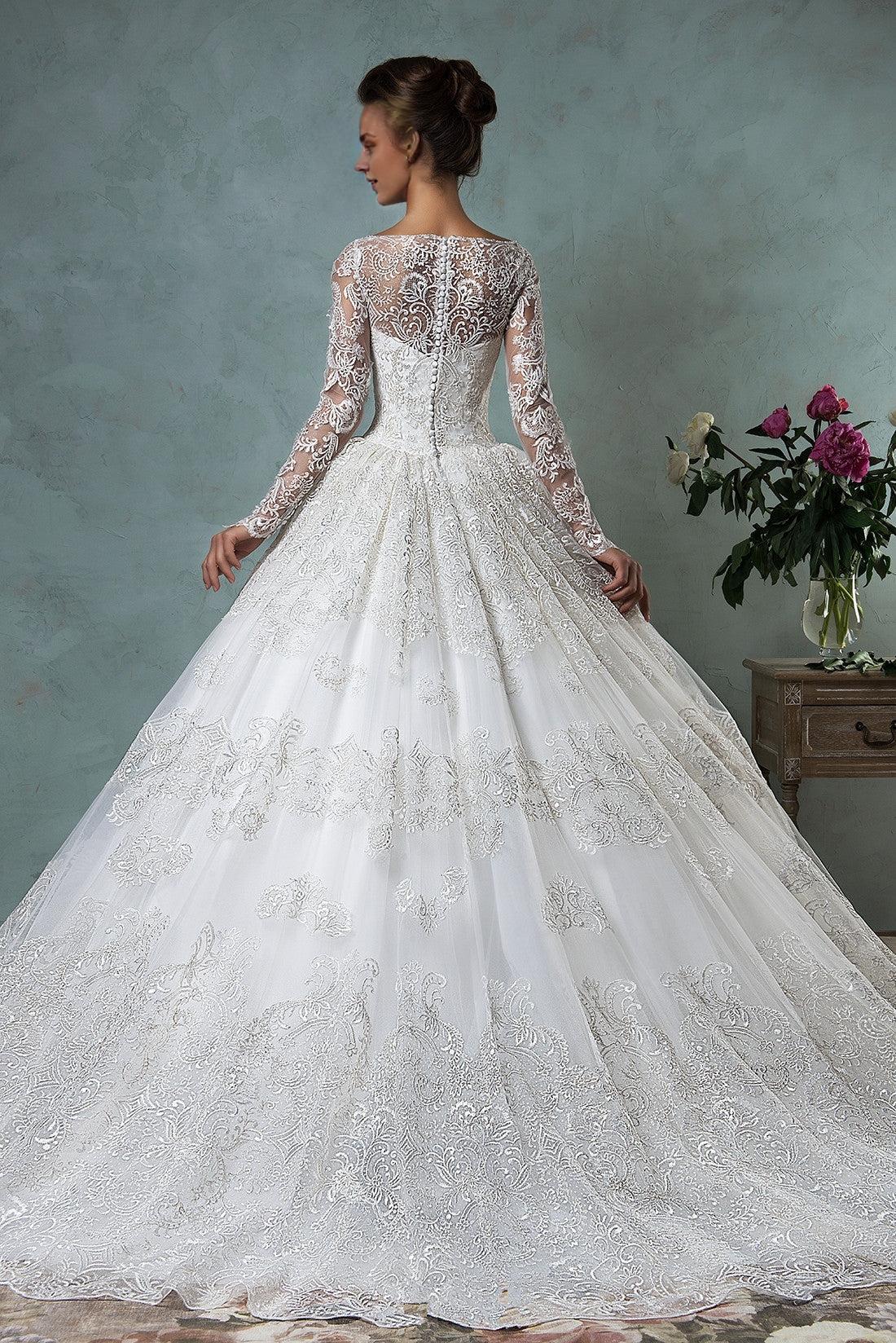 Long Sleeve Ball Gown Wedding Dress Lace Applique Princess Dress