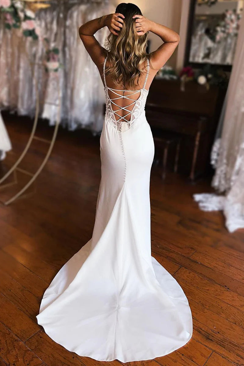 Sheath White Lace-Up Back Wedding Dress with Slit