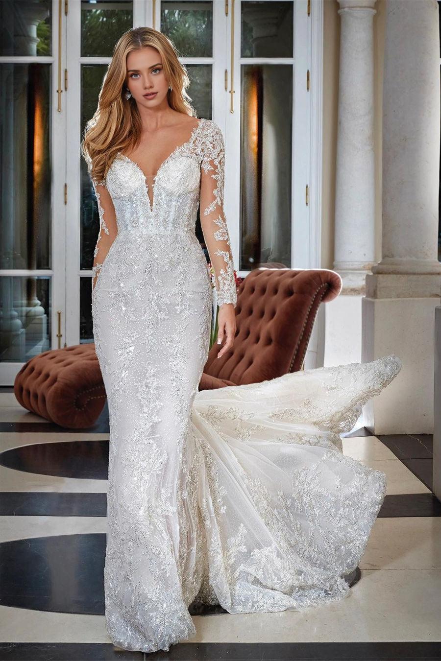 V-Neck Lace Backless Appliques Bridal Dresses With Long Sleeves
