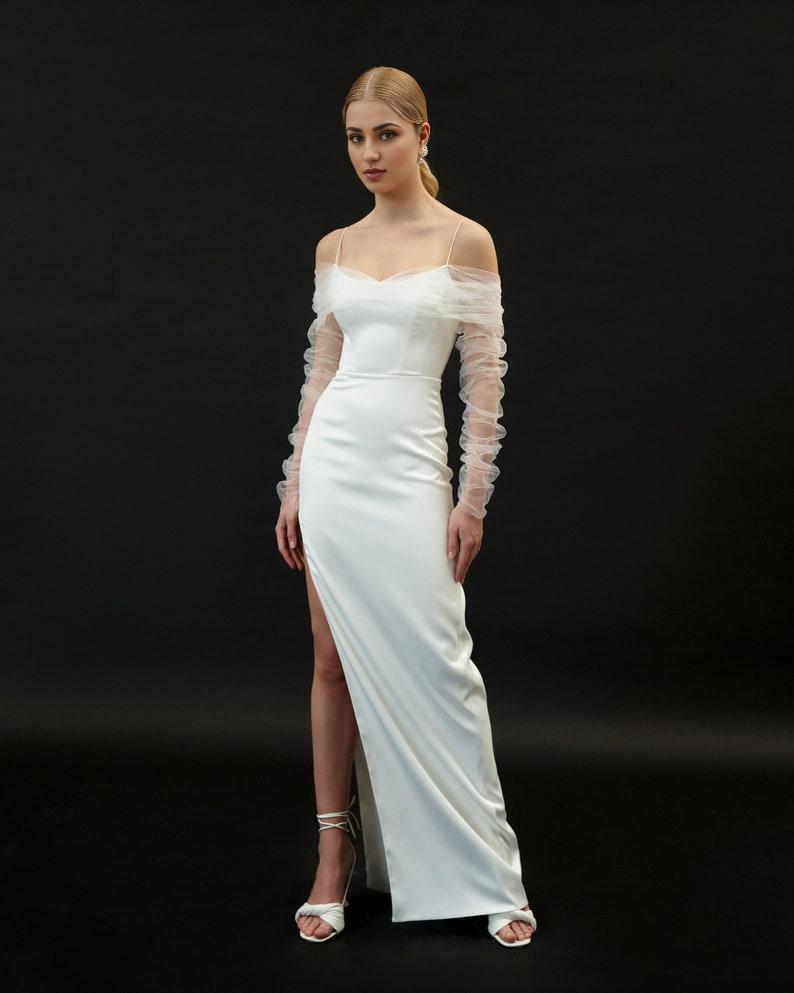 Minimalistic Wedding Dress With Sleeves Off-shoulder Minimalistic Wedding Dress Elegant Satin Wedding Dress