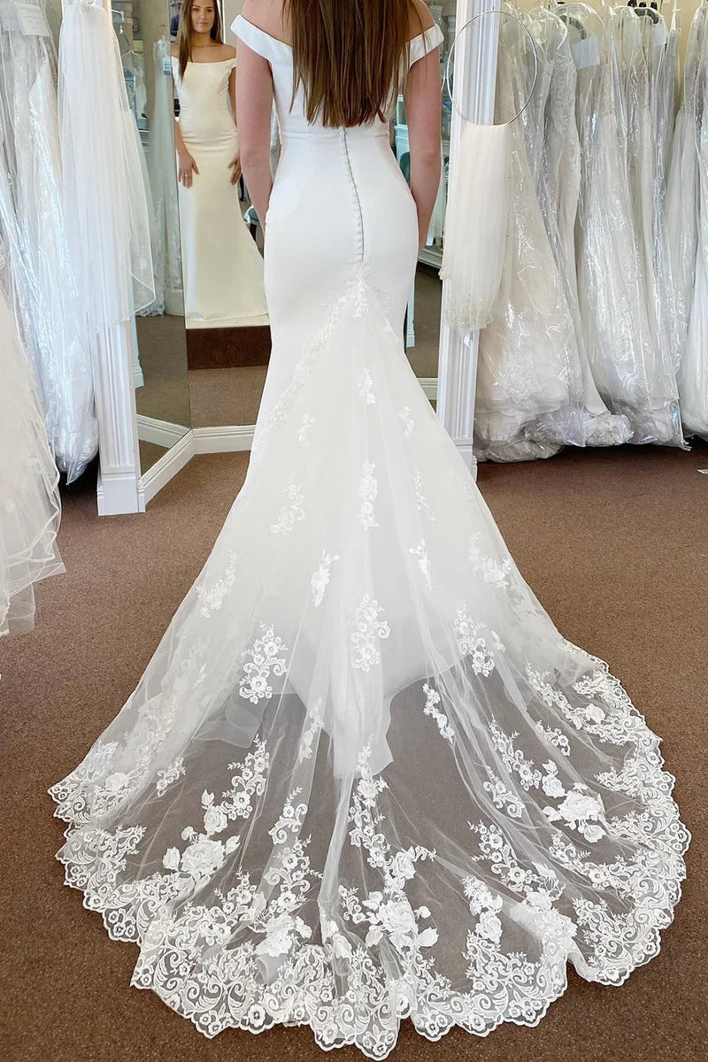 White Off the Shoulder Long Mermaid Wedding Dress with Lace Appliques