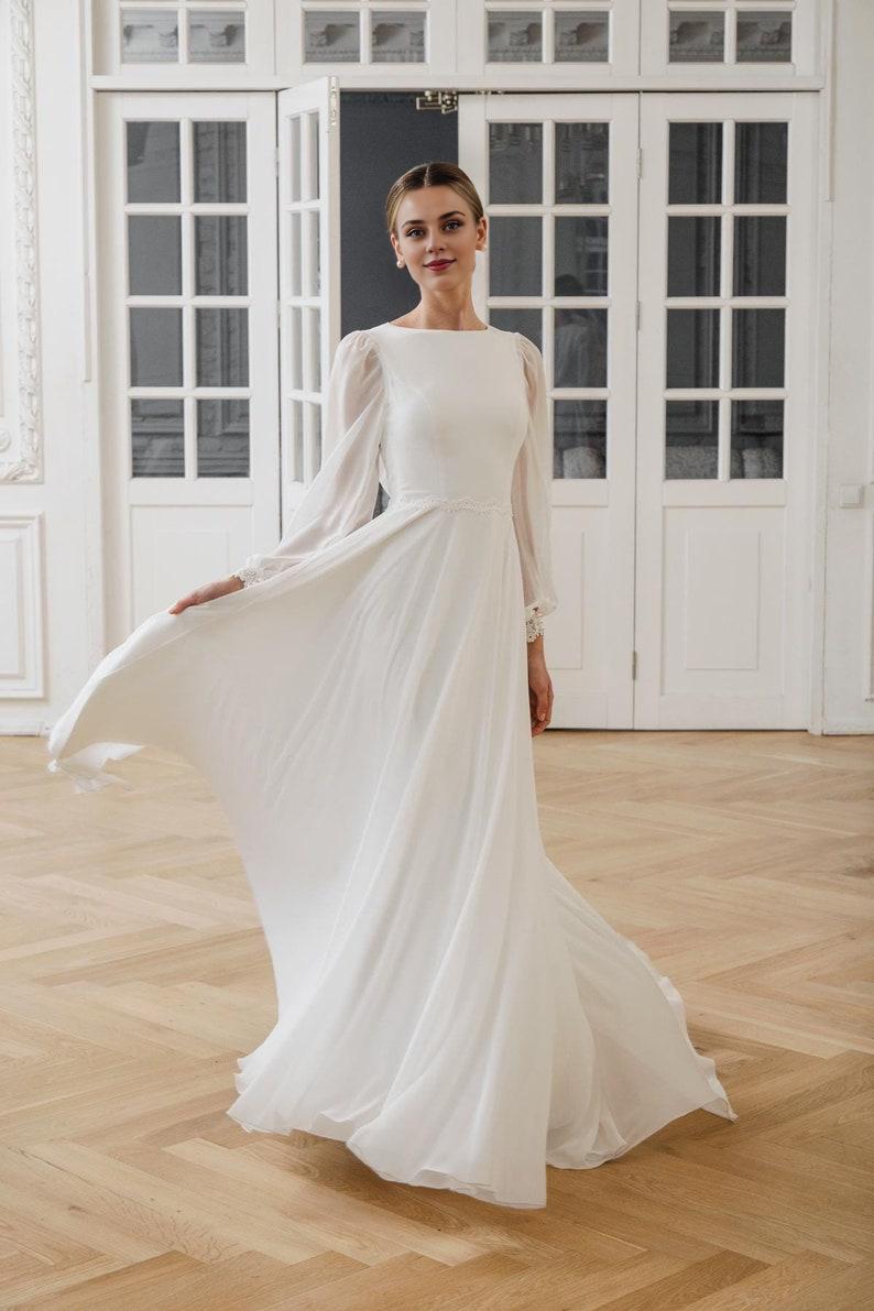 Wedding Dress Gabriella Long Sleeve High Neck Chiffon Bridal Gown