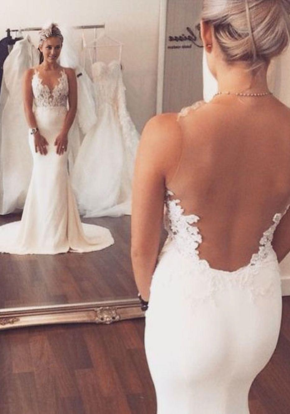 Sheer back Mermaid Wedding Dress Sleeveless Lace summer Beach Wedding Gowns
